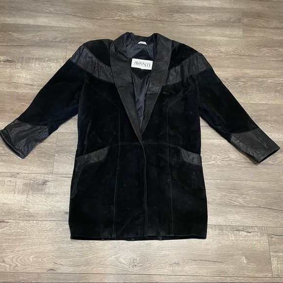 Avanti Black Pig Suede Leather Jacket Blazer Women Sz S Classic Pockets Vintage